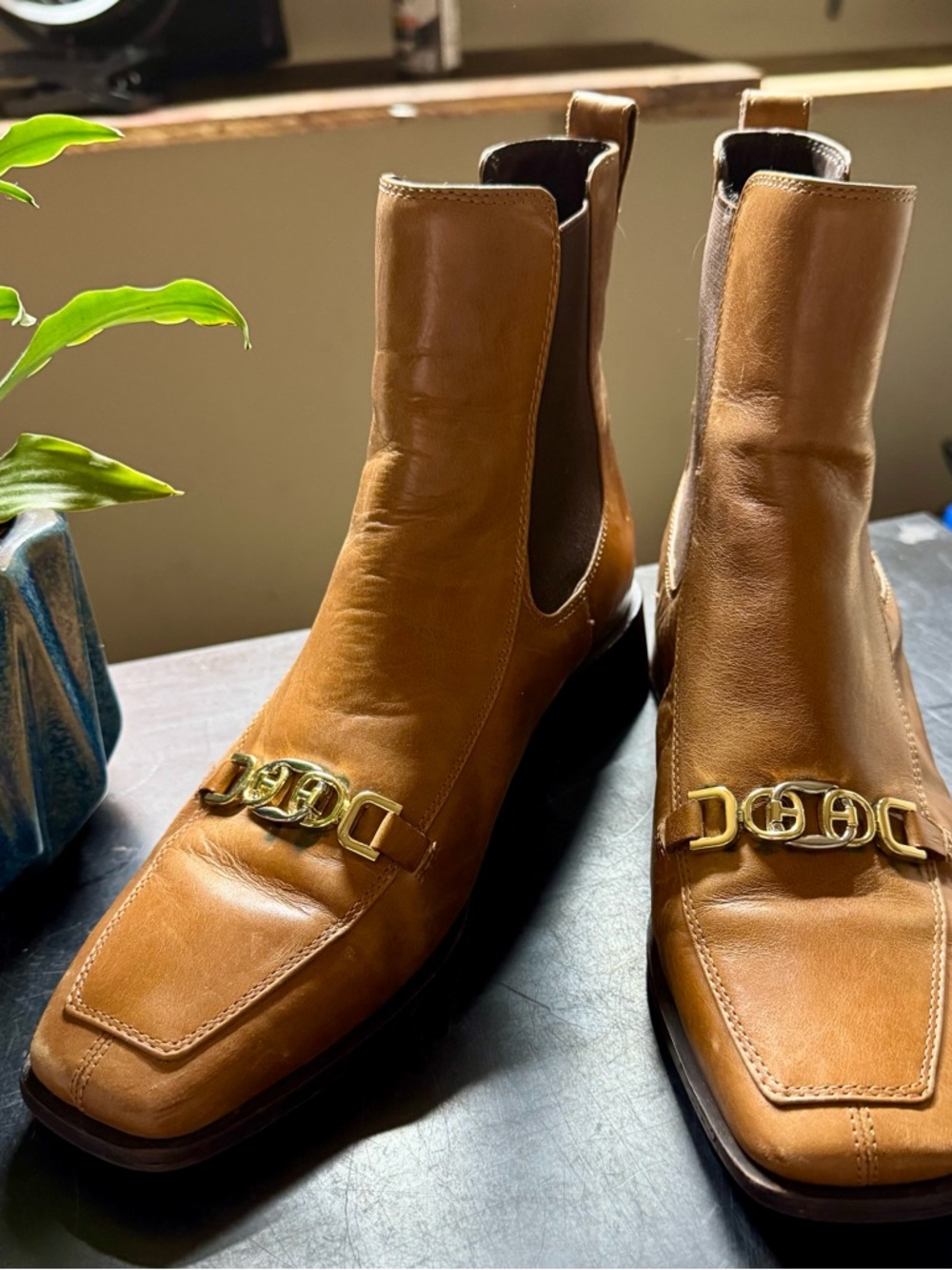 Sam Edelman Tan Leather Chelsea Boots with Gold Chain Accent